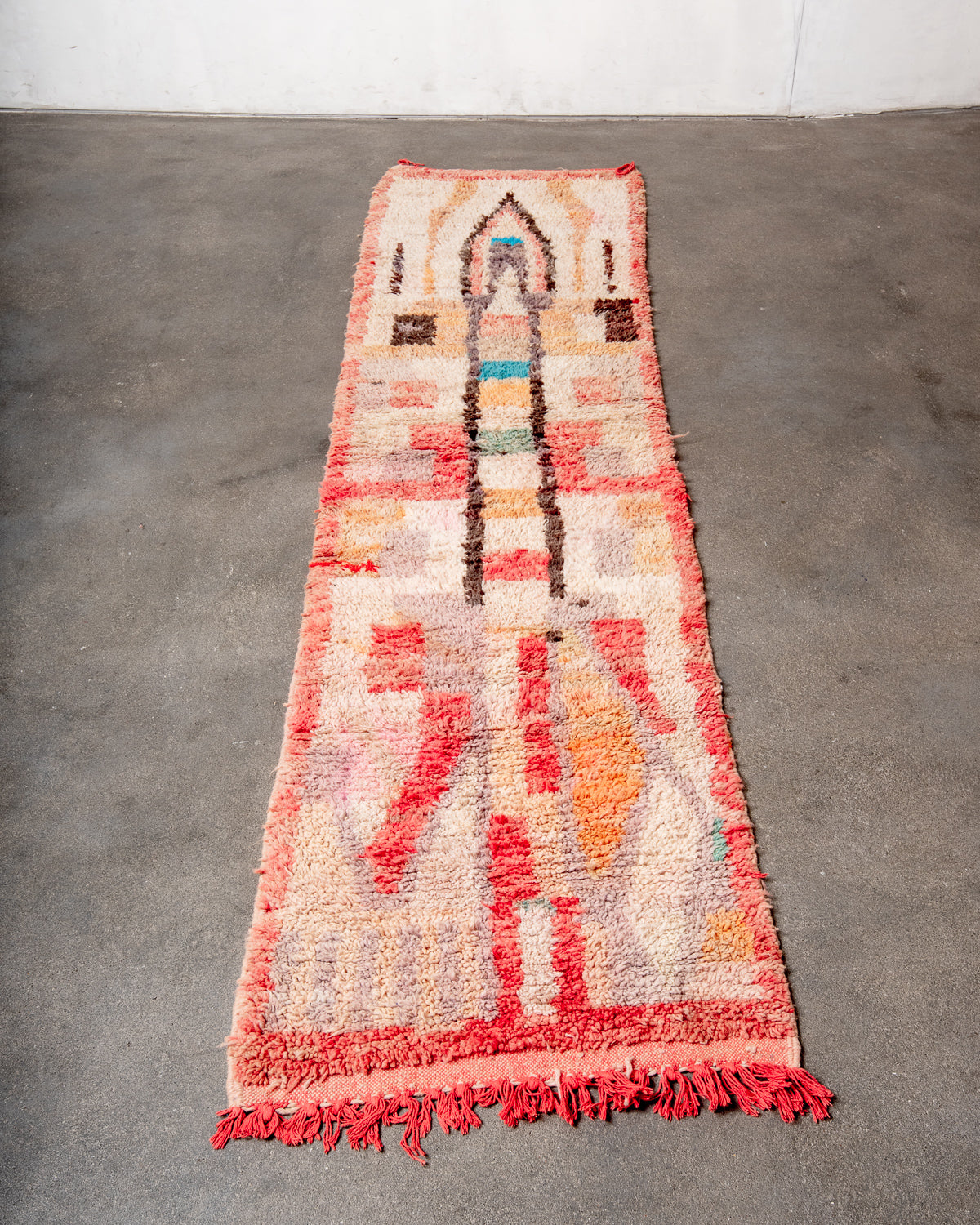Modern, designer, handcrafted Berber runner rug from Morocco. Vintage carpet with beautiful colours and patterns and fluffy texture.